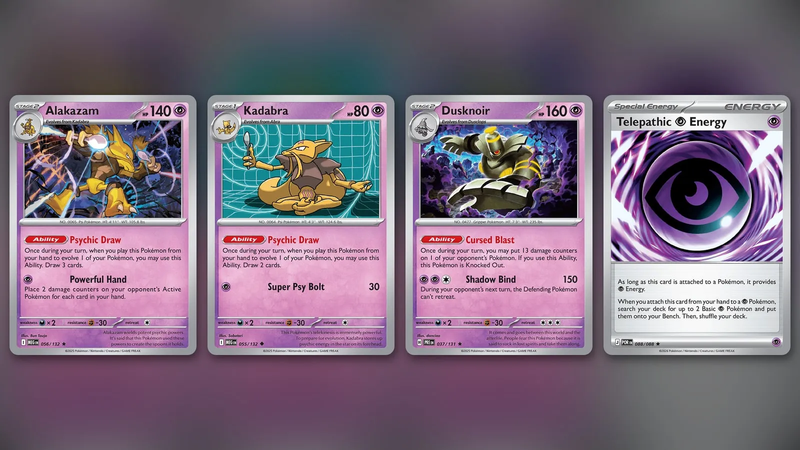 Four cards from Tomasz Chałupka's winning Alakazam/Dusknoir list: Alakazam, Kadabra, Dusknoir and Telepathic Psychic Energy