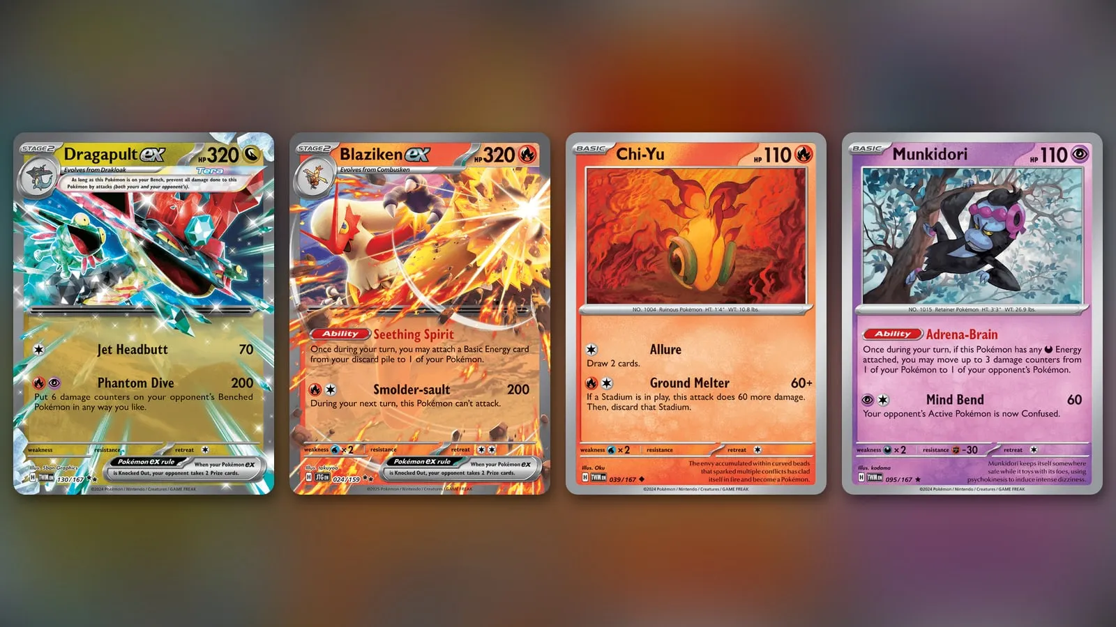 Four cards from Jonas Xavier Dionisio's winning list: Dragapult ex, Blaziken ex, Chi-Yu and Munkidori