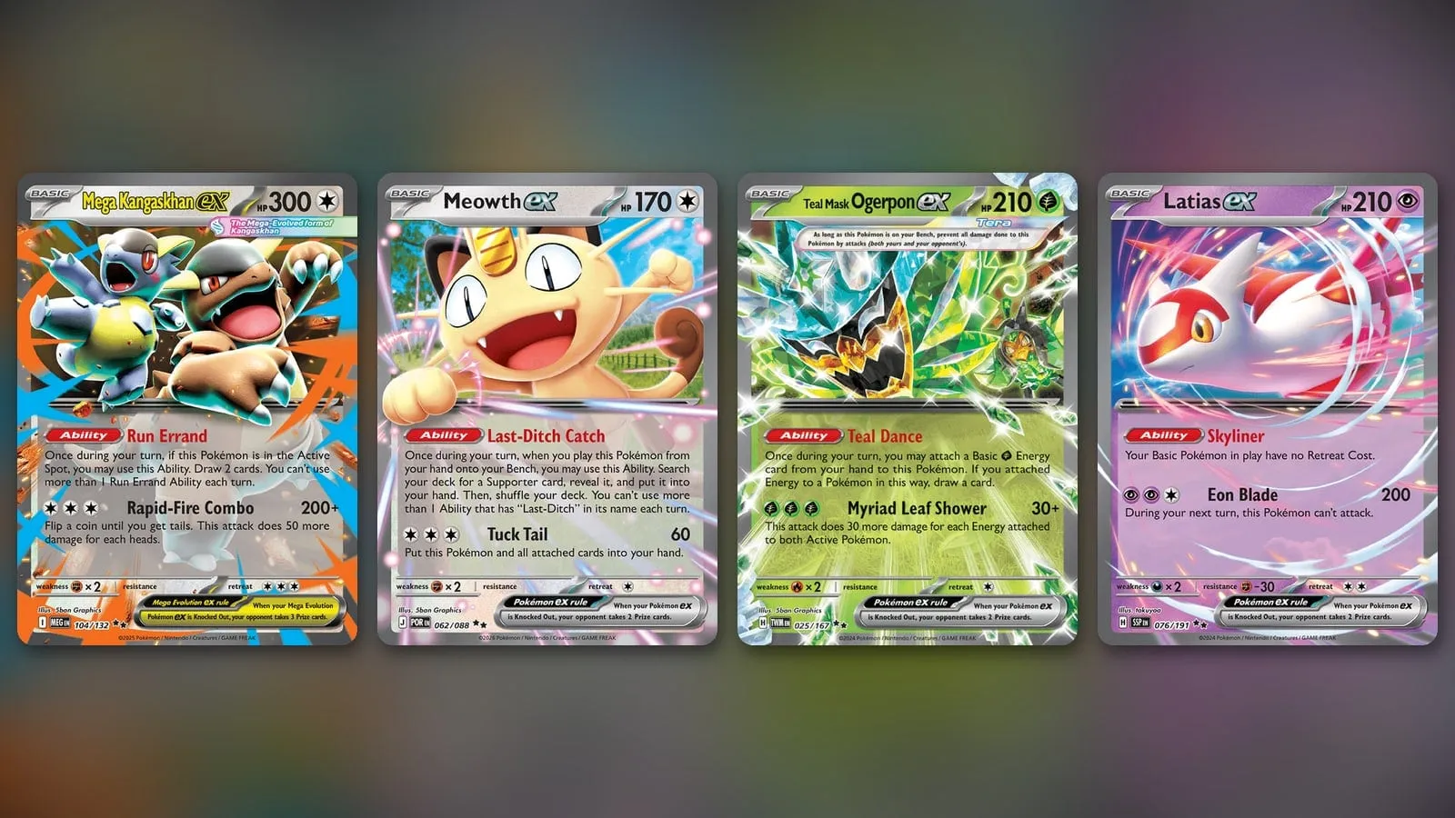Four cards from Luc Gantner's winning Basic Box list: Mega Kangaskhan ex, Meowth ex, Teal Mask Ogerpon ex and Latias ex