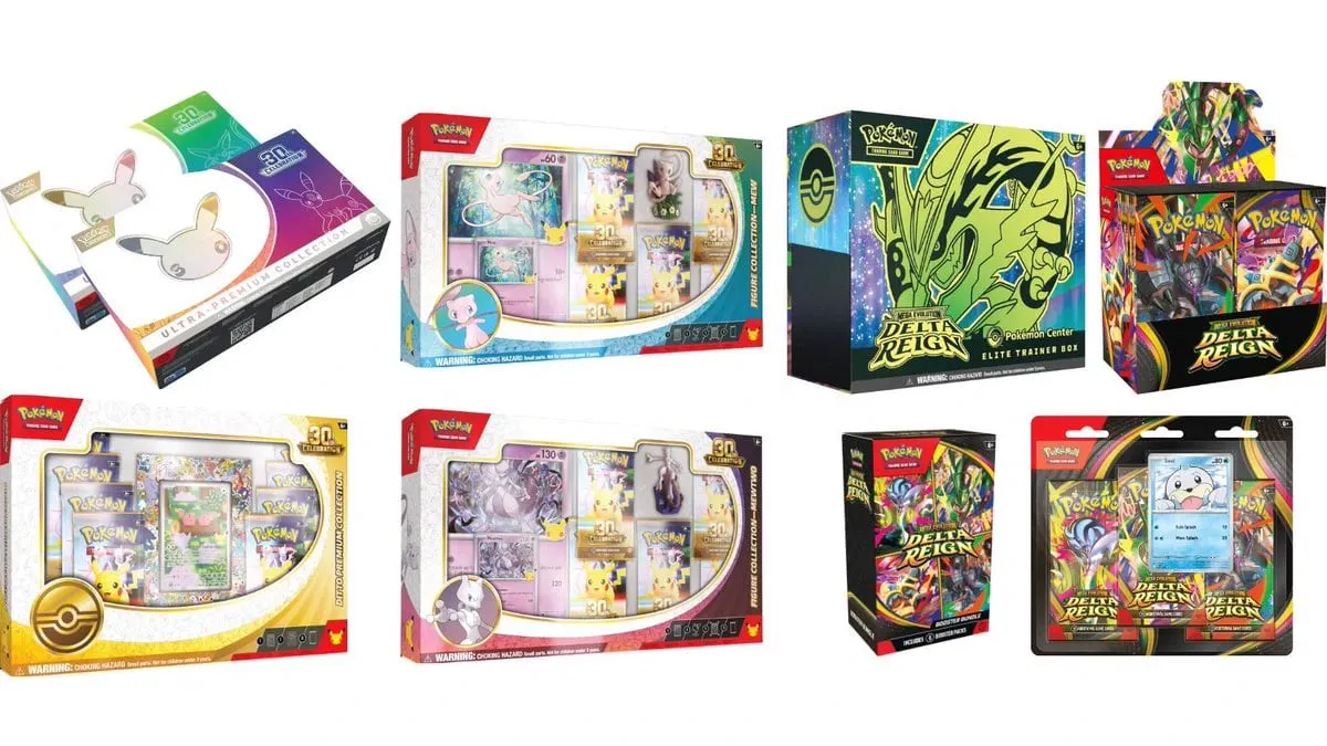 Products from the October 9 Target wave: 30th Celebration Ultra-Premium Collection, Mew and Mewtwo Figure Collections and Ditto Premium Collection, plus the Delta Reign Elite Trainer Box, booster display, Booster Bundle and three-booster blister