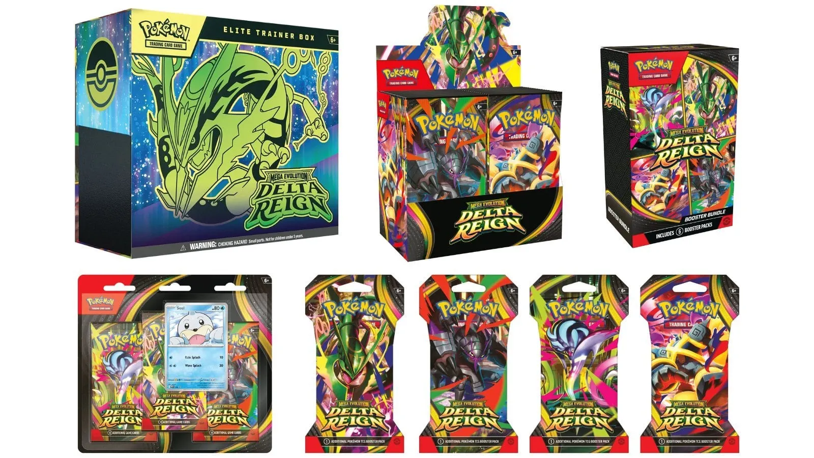 The Delta Reign lineup: Elite Trainer Box, booster display, Booster Bundle, three-pack blister with a Seel card, and four sleeved booster packs