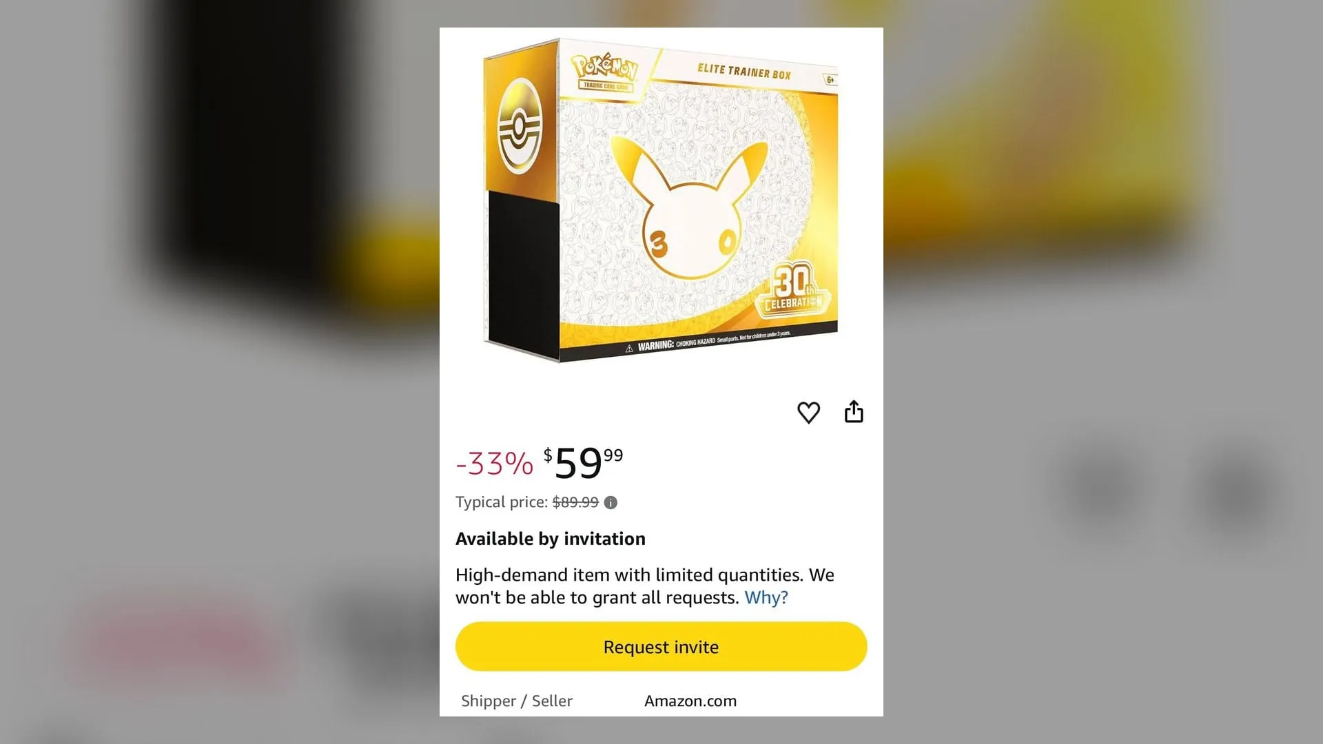 Amazon listing for the Pokémon TCG 30th Celebration Elite Trainer Box at $59.99, available by invitation with a Request invite button
