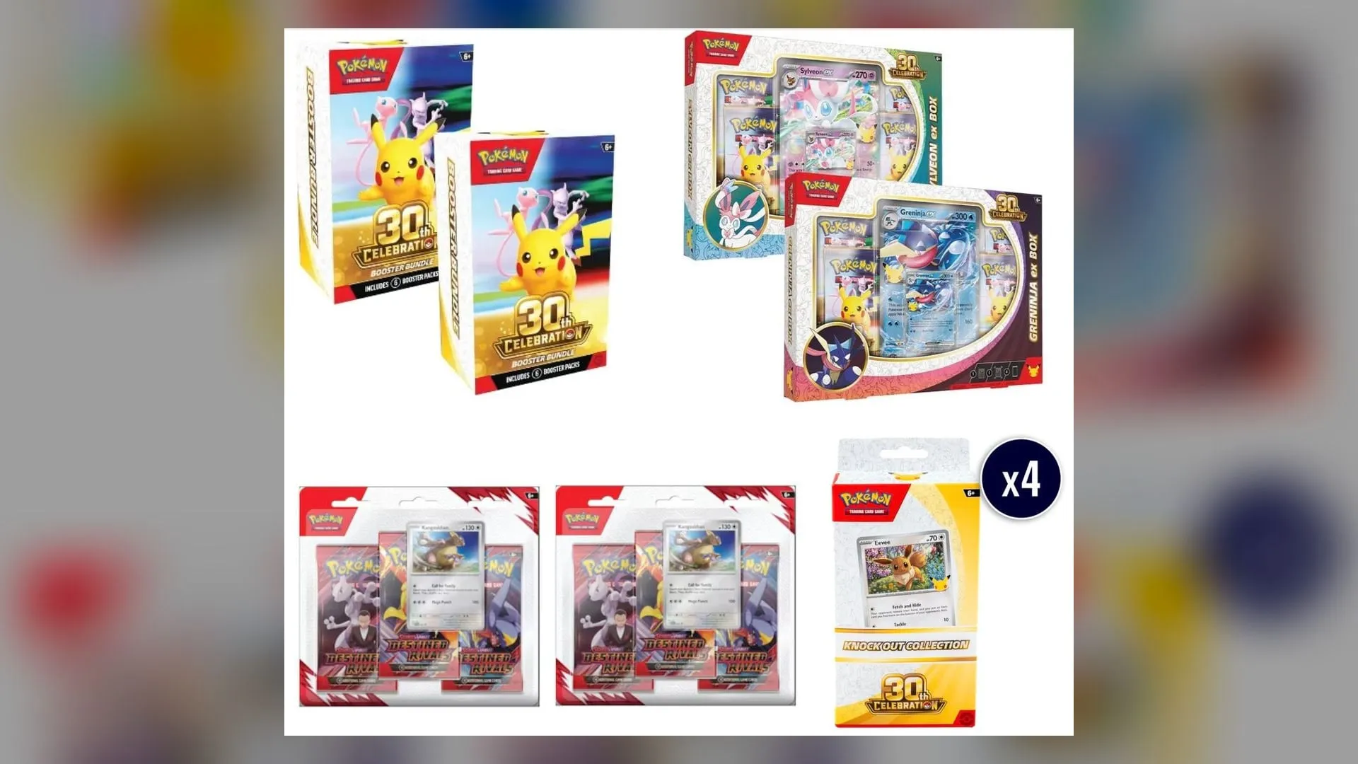 Walmart drawing items: two 30th Celebration Booster Bundles, Sylveon ex and Greninja ex boxes, two Destined Rivals three-pack blisters and four 30th Celebration Knock Out Collections